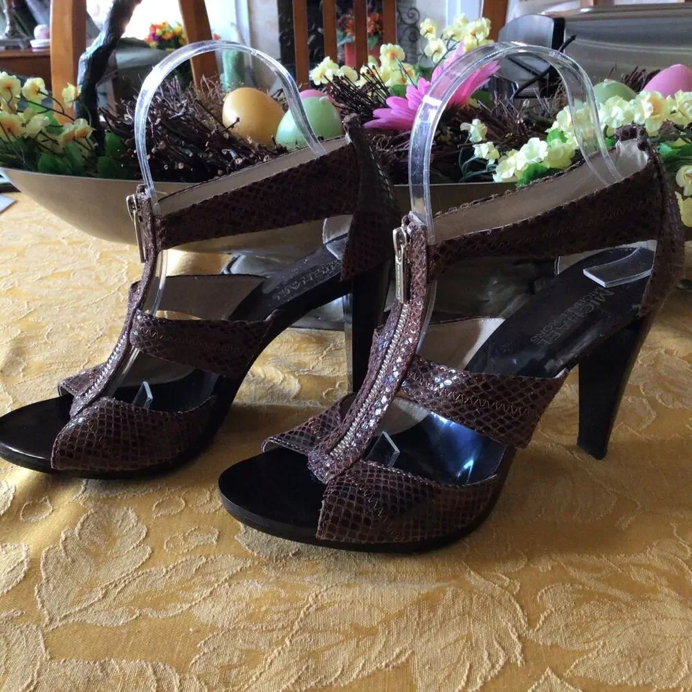 Michael Kors Berkley Snake Print T-Strap Heels Sz 7.5